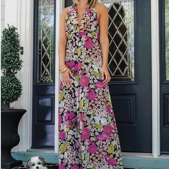 JB by Julie Brown Luanna Ruffle Halter Flare Floral Resortwear Jumpsuit Size 10 - Picture 1 of 11